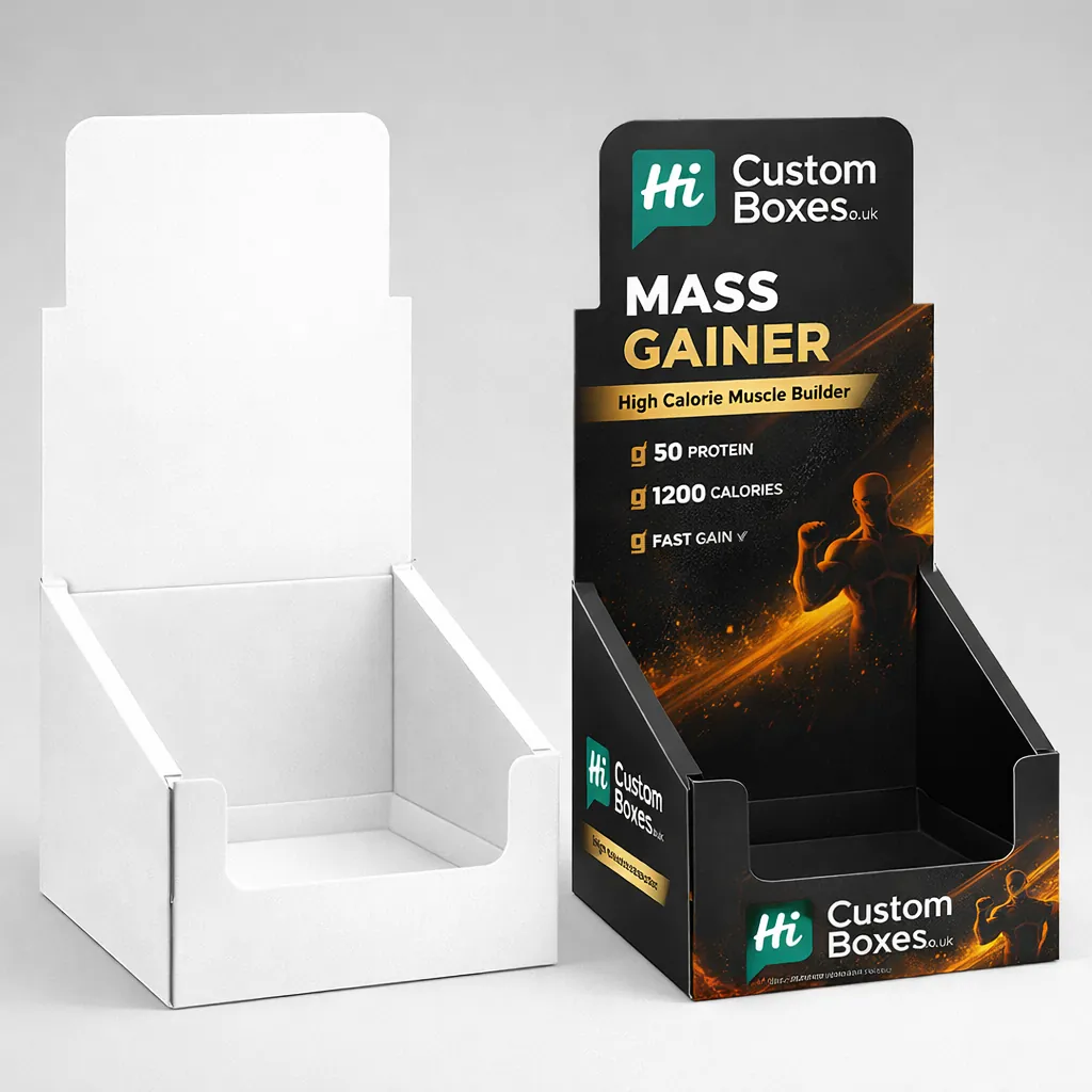 Two cardboard display boxes, one plain white and one printed with blue medical branding. class=